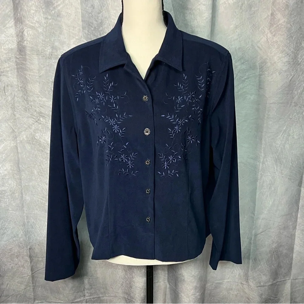 Erika Dresses Navy Open Slit Back Floral Embroidered Long Sleeve Jacket - Large